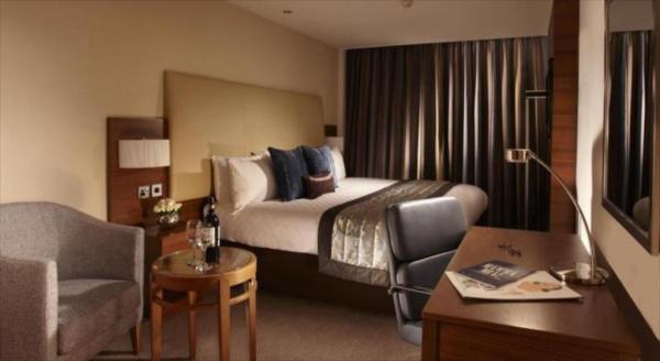 Pahang guestroom hotel furniture factory for fabric padded bed and tall TV cabinet with sofa chairs