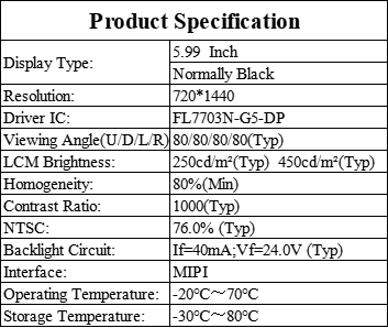 720x1440 Pixels IPS TFT Industrial LCD Display 5.99 Inch 250cd/M2 LCD Module