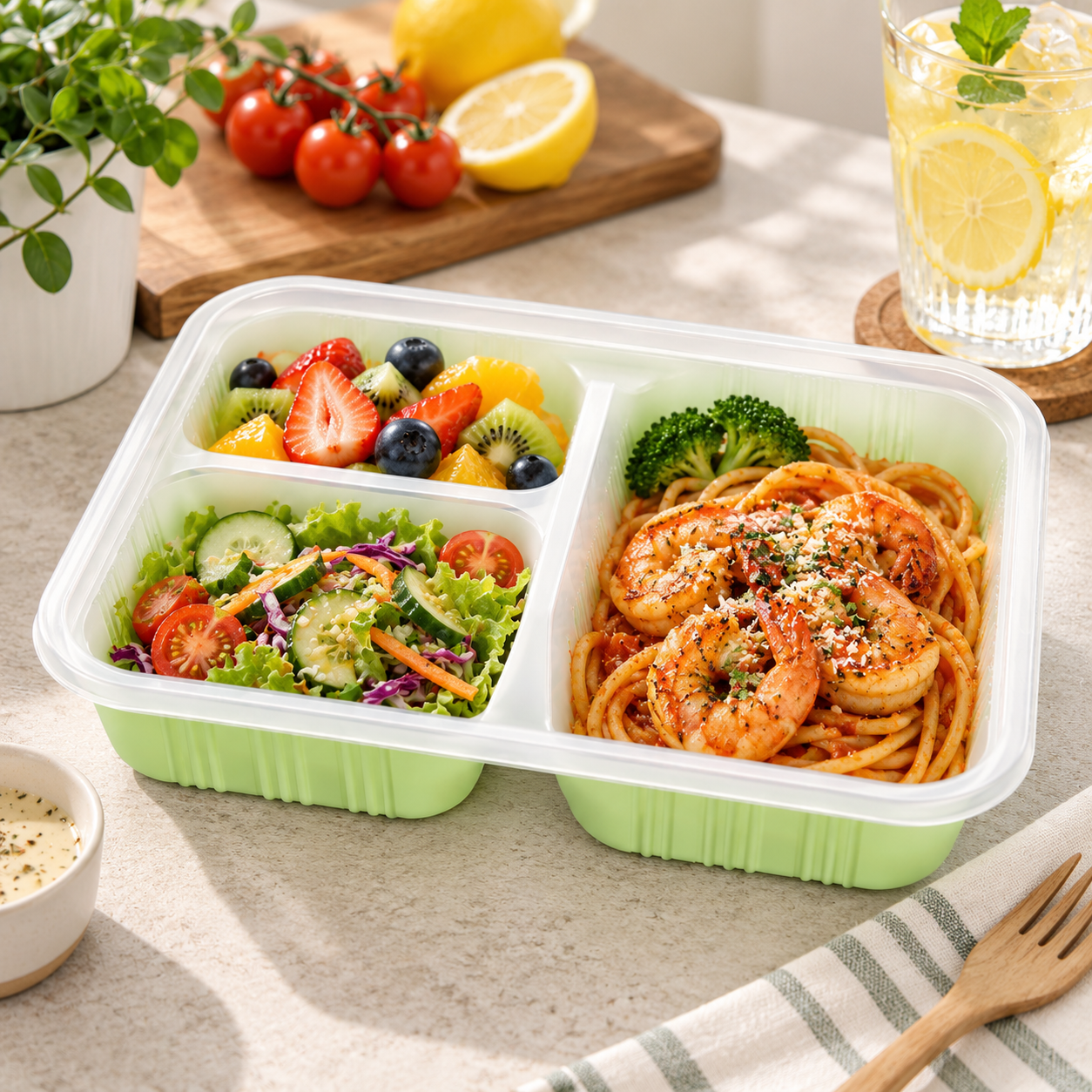 Healthy Meals PP Three Compartment Lunch Box Green with Clear Lid