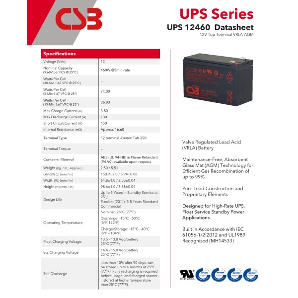 CSB Battery UPS12460 12V 460W Maintenance-Free Valve Regulated Lead Acid Battery for UPS Data Center