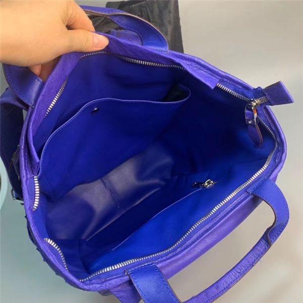 Casual Style Authentic Real True Ostrich Skin Men's Large Blue Travel Backpack Genuine Leather Male Top-handle Bag Pack