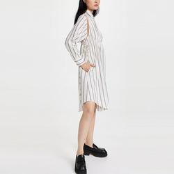                  Ladies Collared Neck Dresses Long Sleeve Side Pocket Cotton Striped Print Shirt Dress for Women             