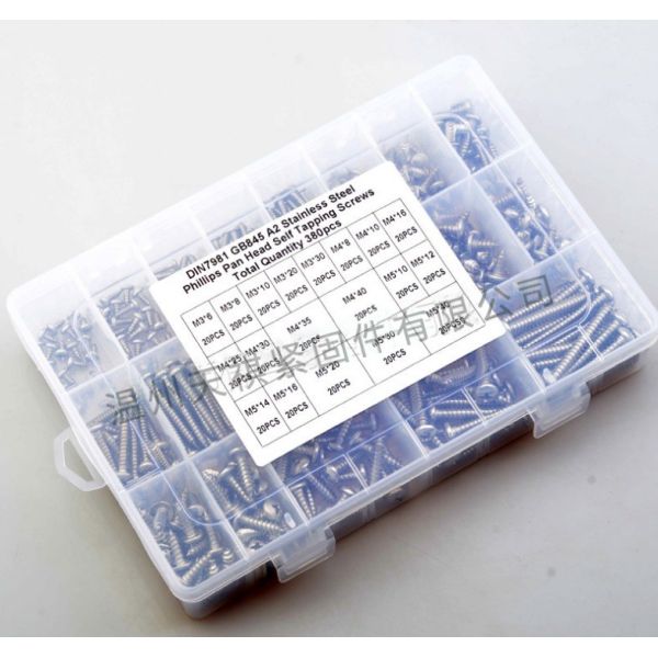 17*10*2.3 Screw nut combination set 380pcs stainless steel 304 din7981 cross pan head / round head self tapping m3m4m5 Assortment kit