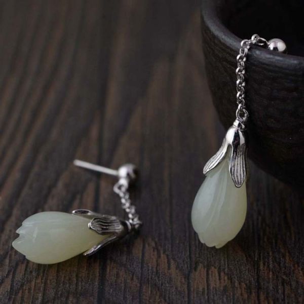 Women Retro 925 Sterling Silver Natural Jade Drop Earrings(TRS30811)