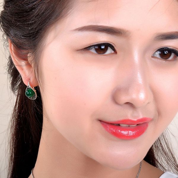 Thai Vintage Sterling Silver 10mm Round Green Agate Hoop Earrings (E11061GREEN)