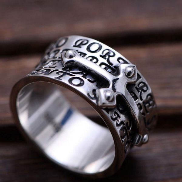 Men Retro Sterling 925 Silver Engraved Words Cross Band Style Ring (XH051940W)