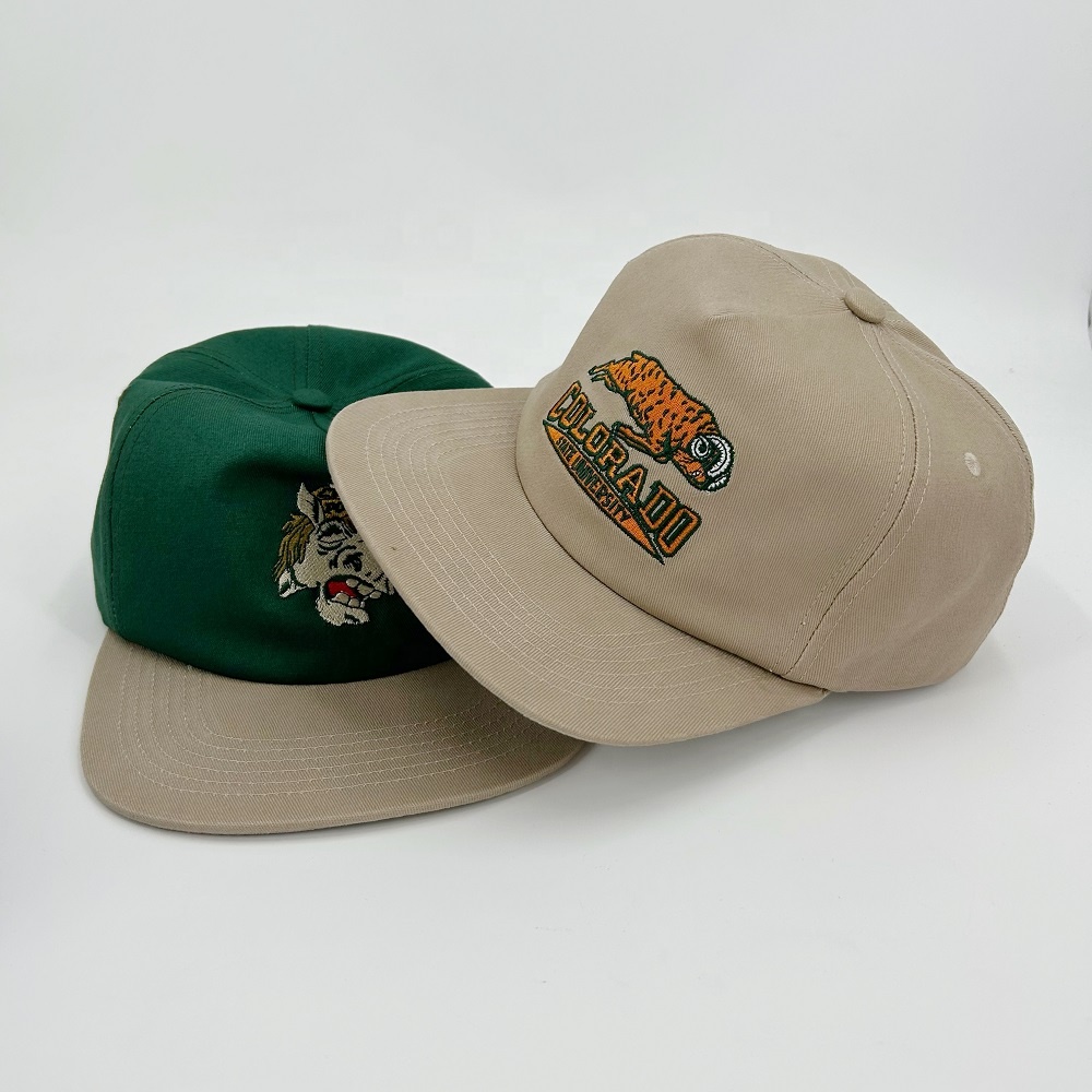 Embroidery Cotton 5 Panel Snapback Caps Custom Logo Flat Bill Unstructured Adjustable
