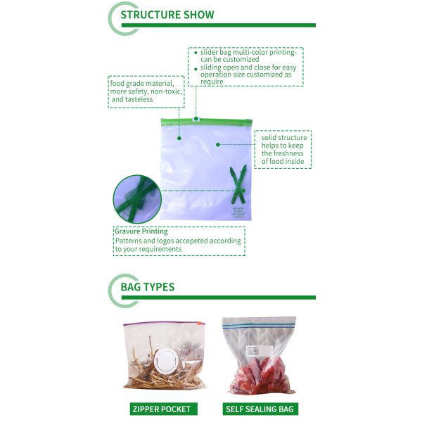 100% COMPOSTABLE food bag K freezer storage bags, Food grade plastic packing bag K slider storage bags CORN