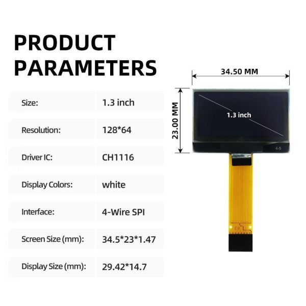 1.3 OLED Display Module with 128x64 Resolution and 16-Pin I2C/SPI Interface