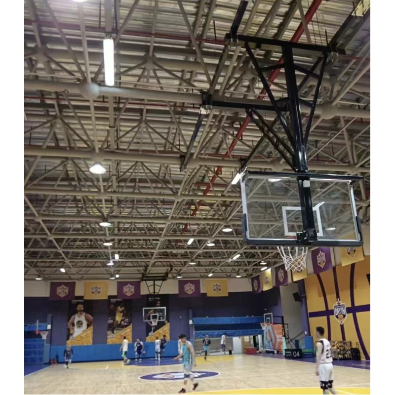 Steel Ceiling Suspended Basketball Hoop with Tempered Glass Backboard and Adjustable Electric Manual Control for Indoor Training
