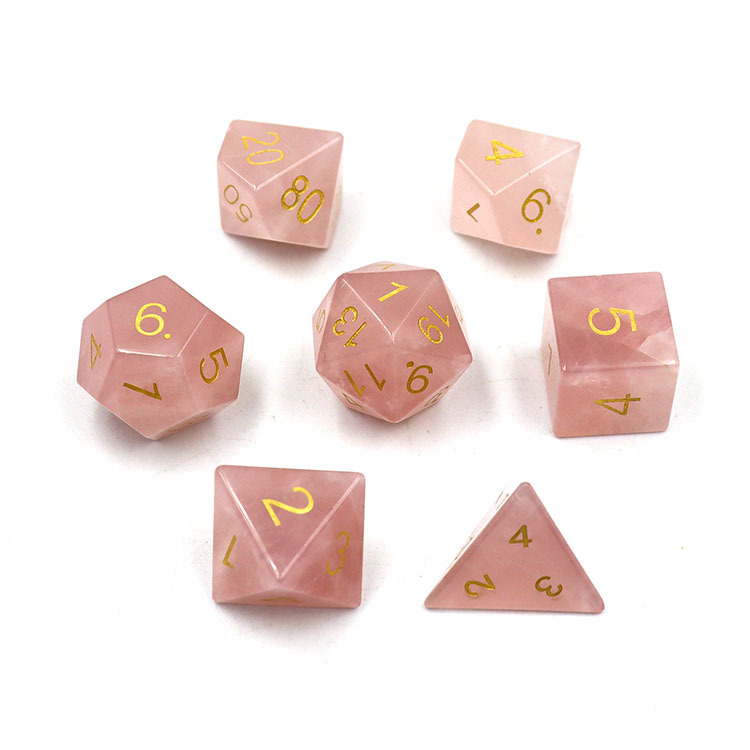 Natural Cat's Eye Stone Polyhedral Dice Set Hand Carved with Golden Paint Engraved Numbers for DND and RPG Games