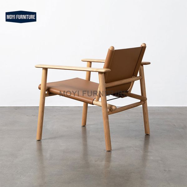 Custom Designer Italian Balcony Solid Wood Chair with Log Armrest Designer Saddle Leather Leisure Seating Home Furniture