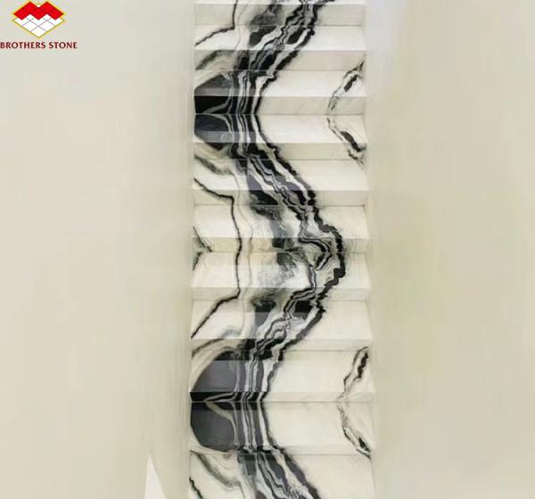 Modern Hotel Staircases Brothers Stone Panda White Marble Treads and Risers Anti Slip