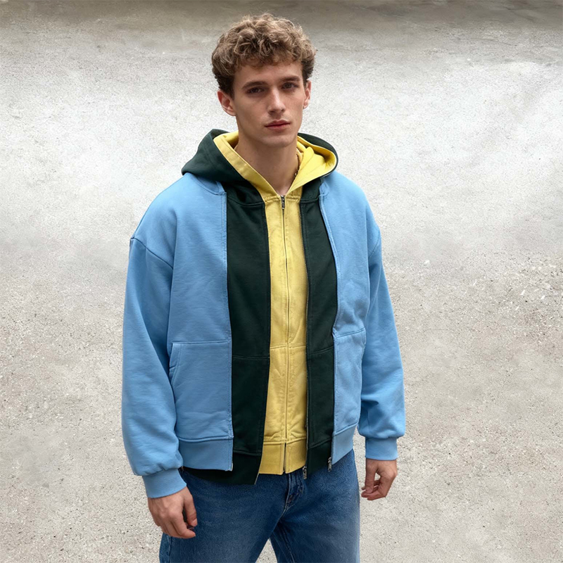Men’s Color Block Layered Zip-Up Hoodie | Grey Green Yellow Panel Design | Oversized Streetwear