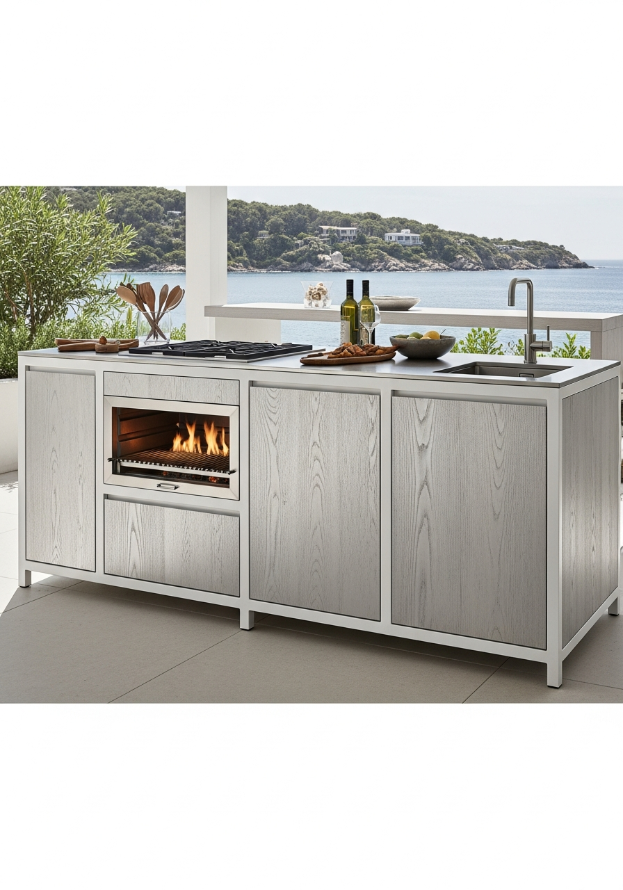 Coastal Light Linen Outdoor Kitchen Island in 304 Stainless Steel
