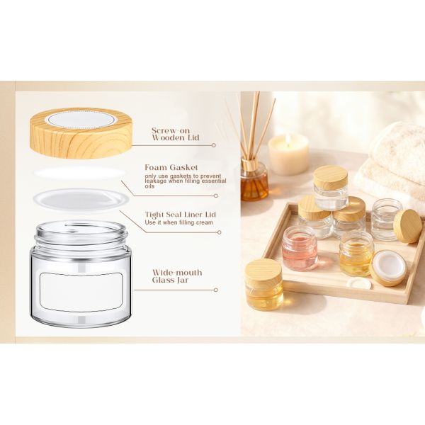 Glass Jars With Lids Clear Small Jars With Plastic Woodgrain Lids, White Labels And Inner Liners Empty Round Cosmetic Containers For Creams Lotions Candle Making (Clear)