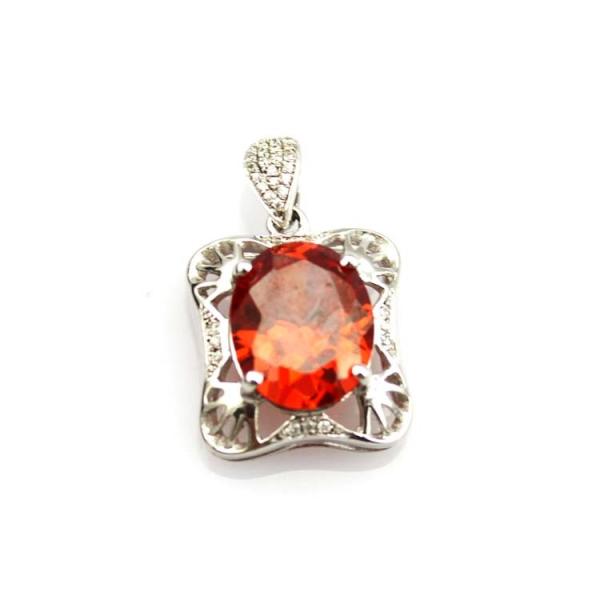 925 Sterling Silver Oval Garnet Cubic Zircon Pendant with Silver Chain (P11)