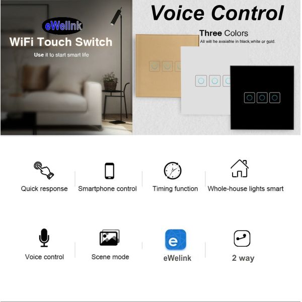 Smart Home Wifi Light Switch 1/2/3 gang Light Touch Switch White/Black/Golden Wireless Remote APP Control Switch