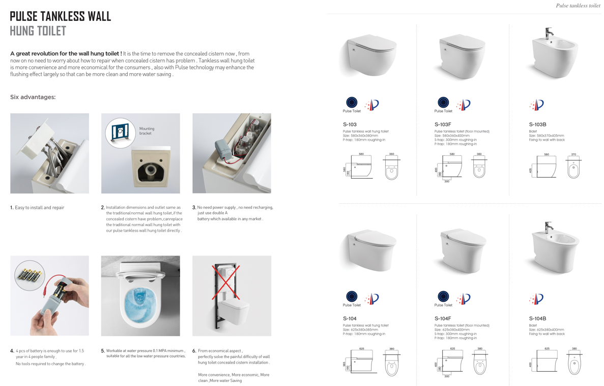 Ceramic Pulse Tankless Toilet Wall Mounted Space Save for Bathroom