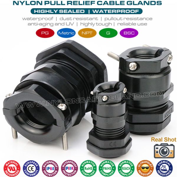 IP68 Nylon Plastic Black PG Cable Glands PG9-PG48 with Traction Relief (Strain Relief / Pull Relief)