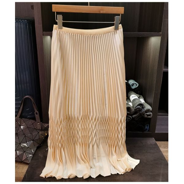 Women's New Style Casual Pleated Skirt Solid Color Simple Design with Elastic Waist for Commuting for Summer