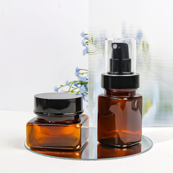 Amber Square Plastic Cosmetic Bottle Set for Skincare - Lightweight & Durable Cosmeceutical Packaging