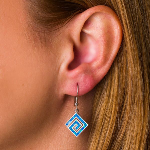 925  With Sterling Silver Natural Greek  Key  Blue Opal Dangle Crystal  Earrings For Women