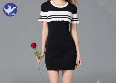 Summer Crew Neck Short Sleeve Knit Dress Ruffle Stripes Pattern Anti - Shrink