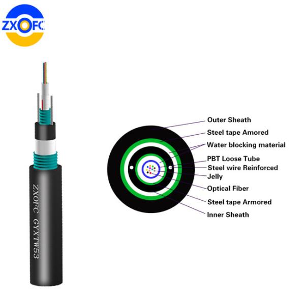 4 Core Direct Burial Fiber Optic Cable , GYXTW53 Double Armored Fiber Optic Cable