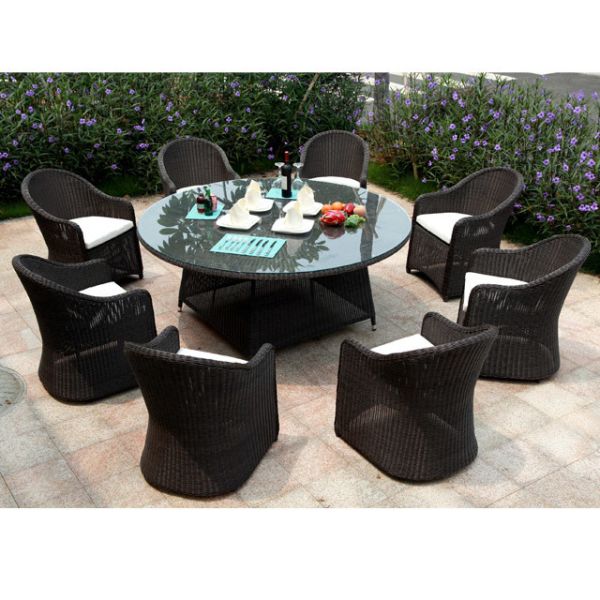 Rattan Round Shaped Garden Dining Table Chairs Set with Waterproof Fabric Cushions and Aluminum Frame