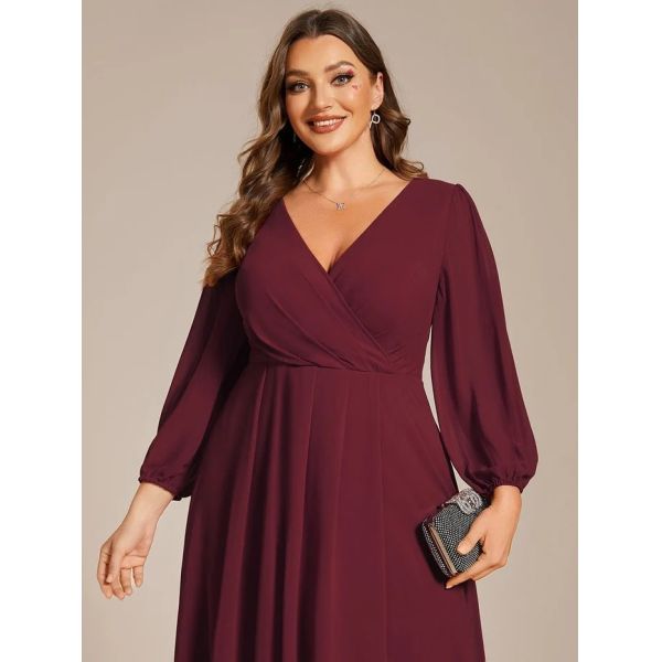 Elegant Empire Long Sleeve V-neck High Low A-line Ruffled Midi Burgundy Chiffon Wedding Guest Cocktail Dress