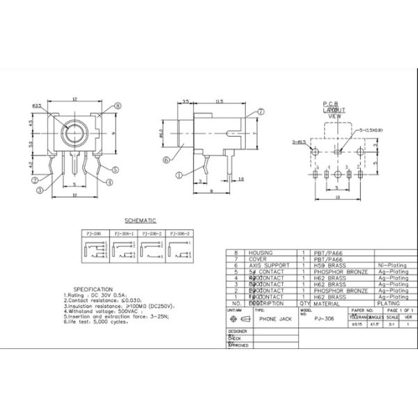 PJ-306 3.5 mm conector de auriculares de cobre de metal color de la cabeza de audio personalizado DIP