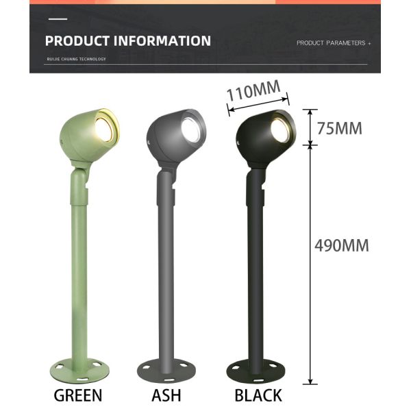 Colored LED Lawn Lights Garden 12W 110x75x490MM 3000K Green 120 Degree