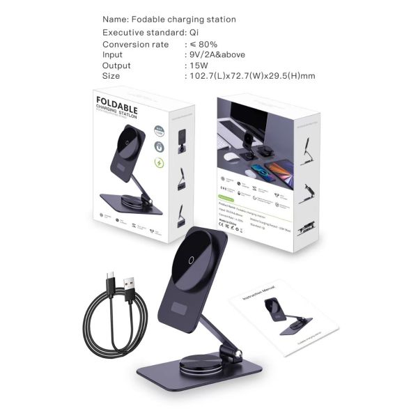 360 Degree Rotation Foldable 15W Wireless Charger Magnetic Charging Station Stand