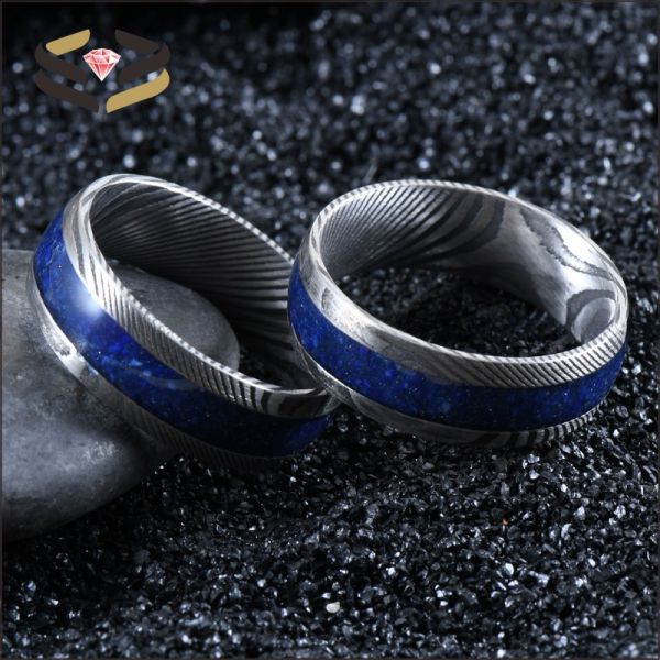 Men'S Damascus Steel Wedding Band Third Party Appraisal 8mm With Lapis Lazuli Inlay