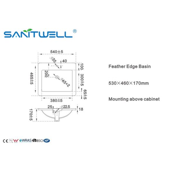 Таз мытья AB8003-53 блока тщеты прямоугольный встречный верхний 530×460×170 Mm