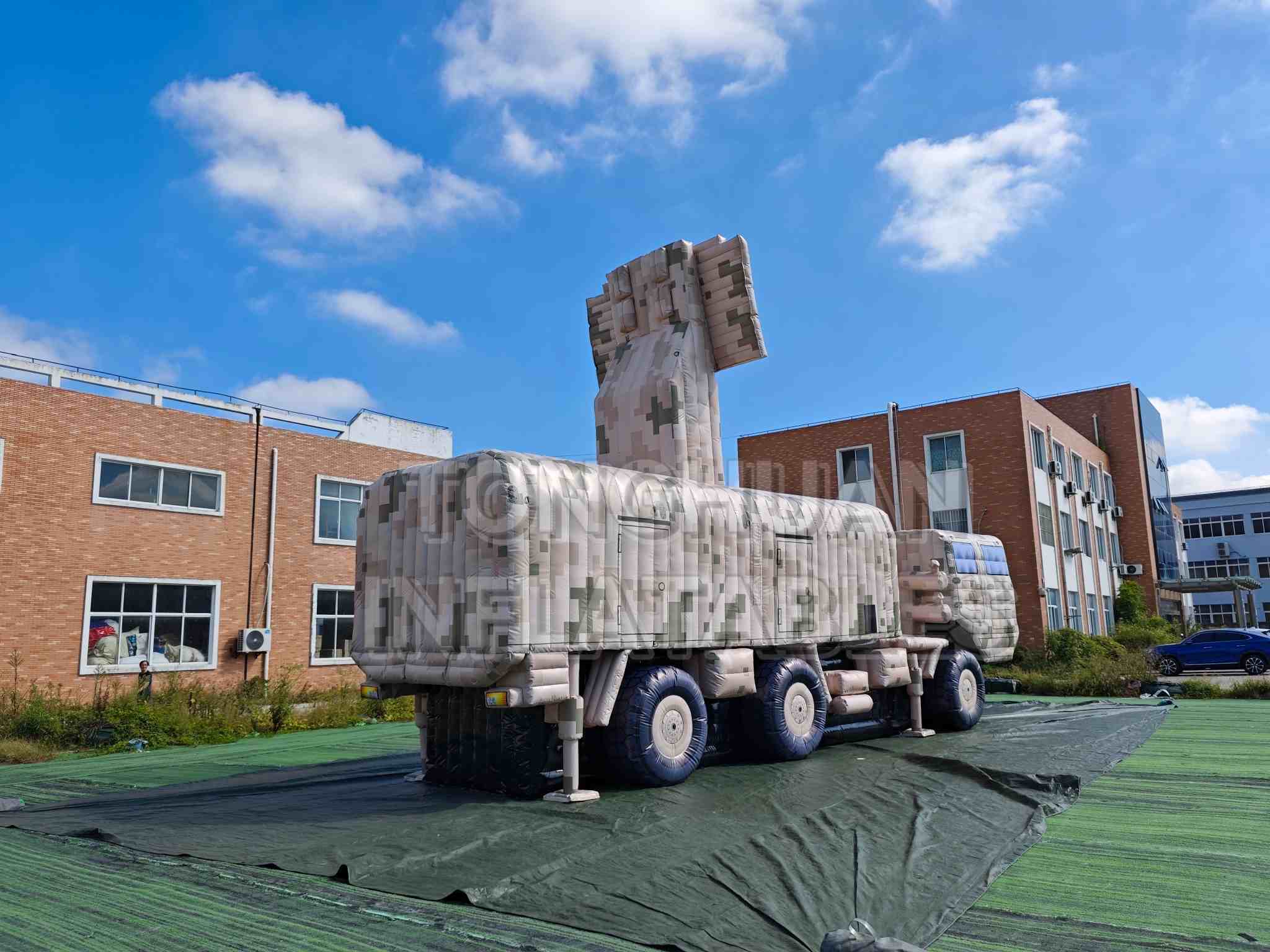 Custom Inflatable Radar Vehicle Decoy with Raised Rectangular Antenna Panel Detailed Truck Body and Camouflage Printing for Training Display Projects