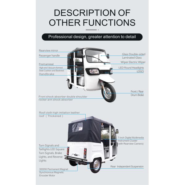 Rechargeable Passenger Electric Tuk Tuk Three Wheeler Rickshaw 40-70km/H 1500W