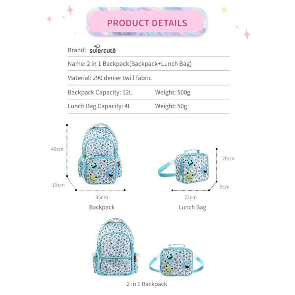 Supercute 2 In 1 School Backpacks Lunch Bag Set Kids School Bag Student Backpack
