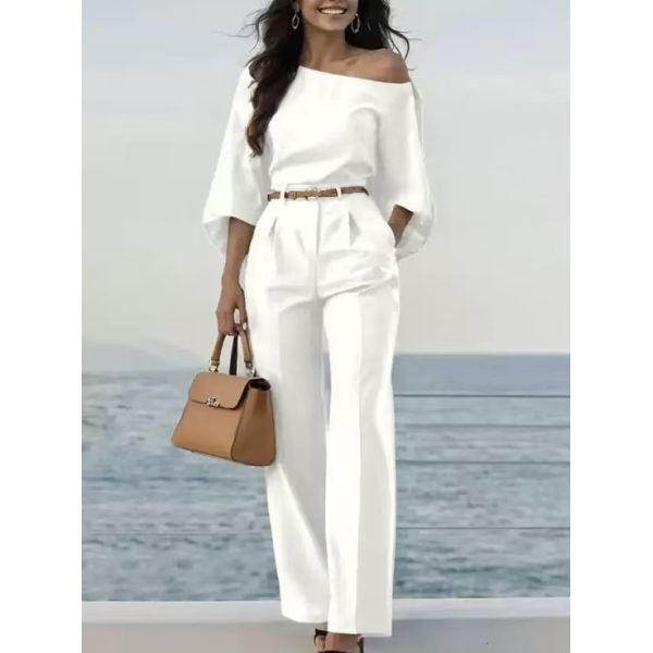 Elegant Off-Shoulder Belted Waist Wide-Leg Jumpsuit for Women - Stylish Romper for Casual and Semi-Formal Wear