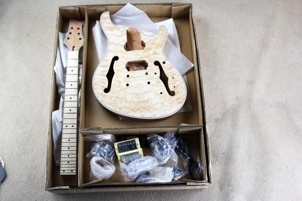 Custom Semi-hollow Electric Guitar Kit(Parts) with Mahogany Body ans Neck,Flame Maple Veneer,Chrome Hardwares,DIY Guitar
