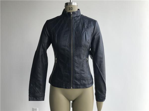 Soft Gold Navy Pleather Jacket Funnel Collar For Ladies Tw76613