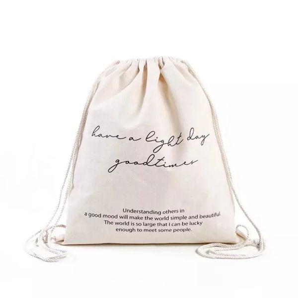 Reusable School Bag Trolley Custom Logo Printed Linen Cotton Canvas Drawstring Bag