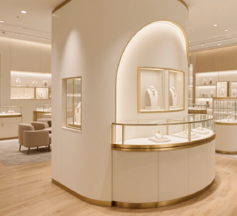 Luxury Curved Island Jewelry Display Counter for Mall Use | Cream Body Gold Trim | Glass Showcase LED Lighting | Customizable