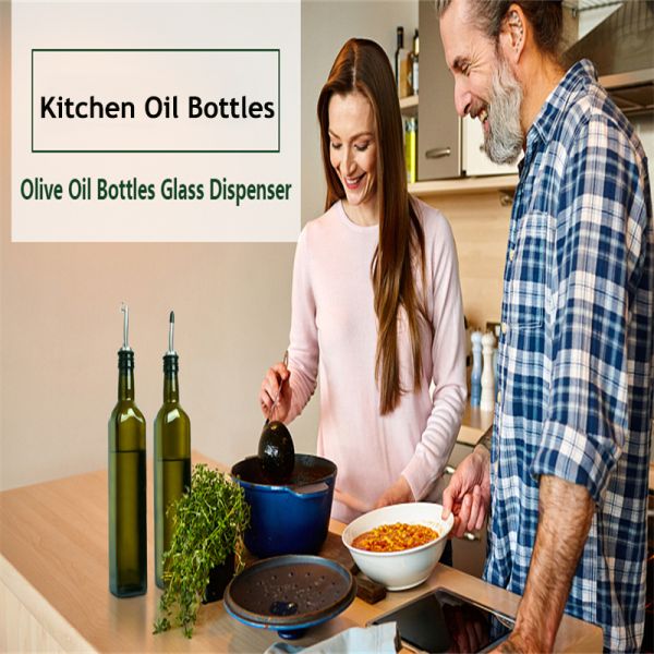 Glass Dark Green Kitchen Oil Bottle With Stainless Steel Spout Funnel Square 500ml 2pcs