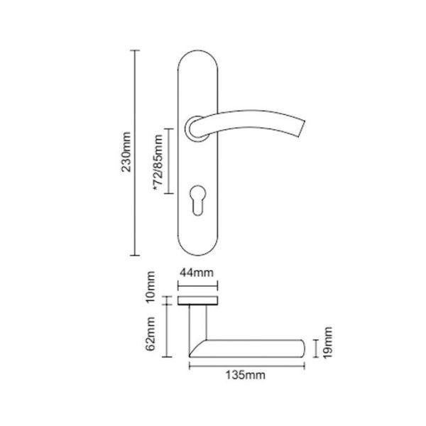 Stainless steel door handle with backplate long size 230mm for residential application
