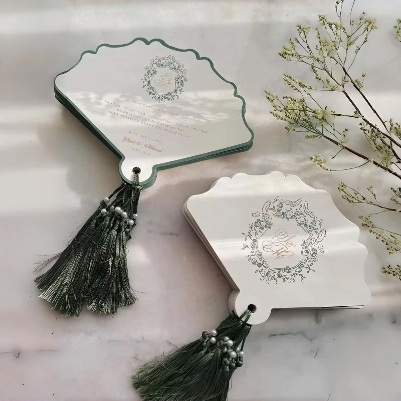 Wedding Invitation Cards Handheld Scalloped Fan Shaped With Silk Tassels