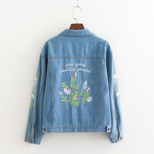 New Design Lapel Long Sleeve Denim Jacket With Embroidered Flowers Eco Friendly