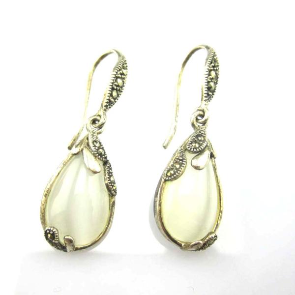 Retro Jewelry Thailand Silver with Marcasite and White Opal Earrings (JA1750WHITE)