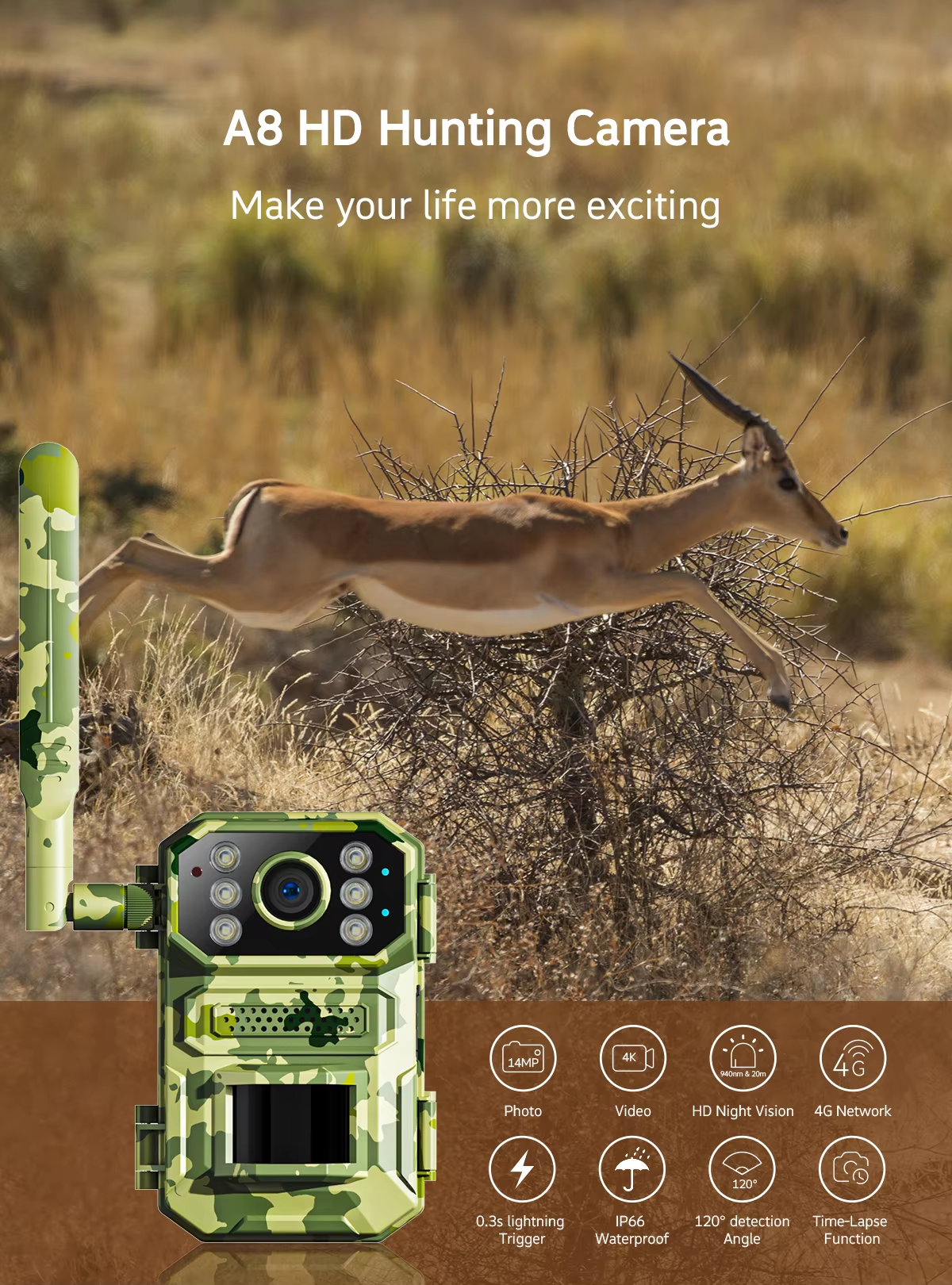 4G Solar Powered Outdoor Surveillance Camera HD Night Vision Intelligent PIR Sensor Mobile Phone Remote Monitoring IP66 Waterproof Designed For Wildlife Tracking